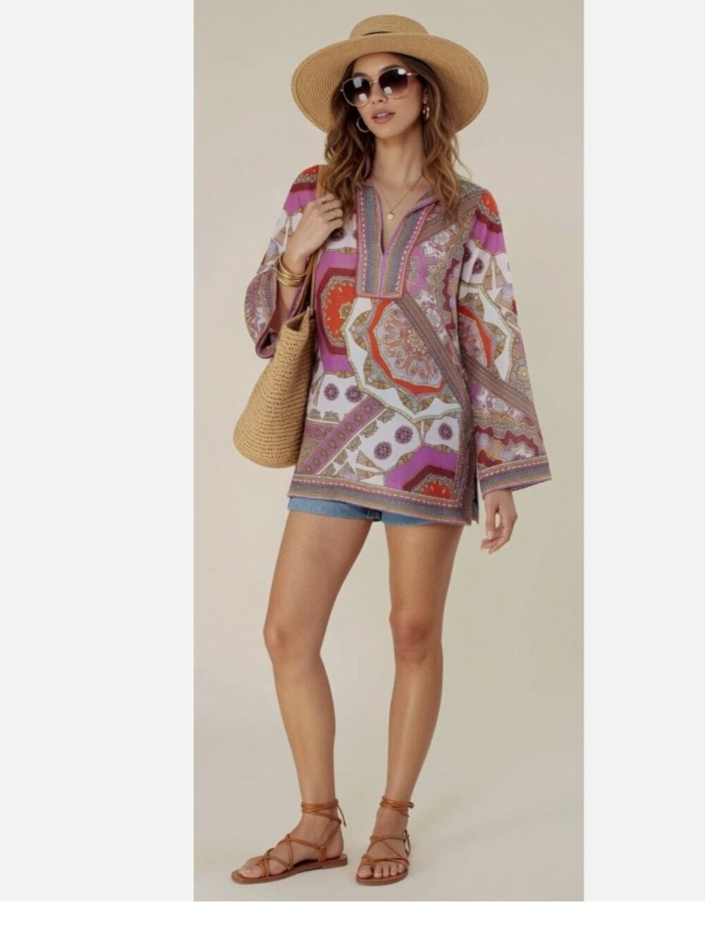 NWT HALE BOB Joanna Voile Fuchsia Beaded Long Flared Sleeve Tunic Top Silk Blend